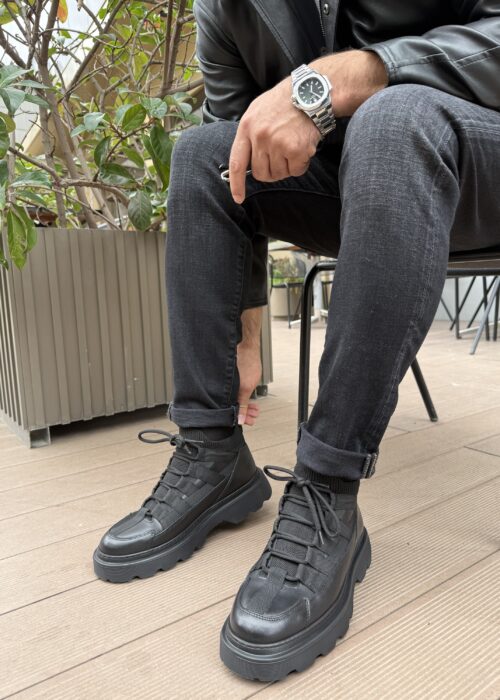 Siyah Renk Hakiki Deri Triko Yarım Sneaker  Bot K569