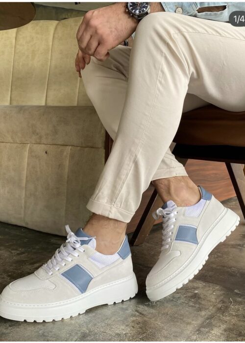 Beyaz Mavi Garnili Hakiki Deri Sneaker Ayakkabı