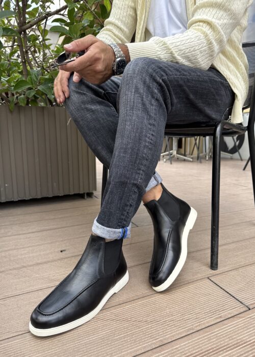 Siyah Renk Siyah Chalsea Sneaker Deri Bot 1047-BT DERİ